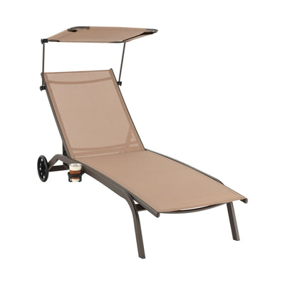 Patio Heavy-Duty Adjustable Chaise Lounge Chair with Canopy Cup holder and Wheels-Brown - Relaxacare