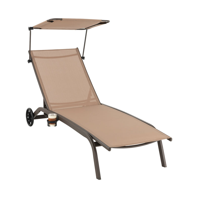 Patio Heavy-Duty Adjustable Chaise Lounge Chair with Canopy Cup holder and Wheels-Brown - Relaxacare