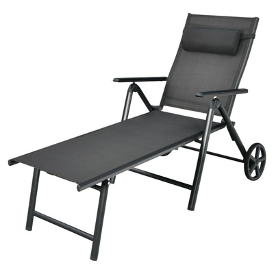 Patio Lounge Chair with Wheels Neck Pillow Aluminum Frame Adjustable-Gray - Relaxacare