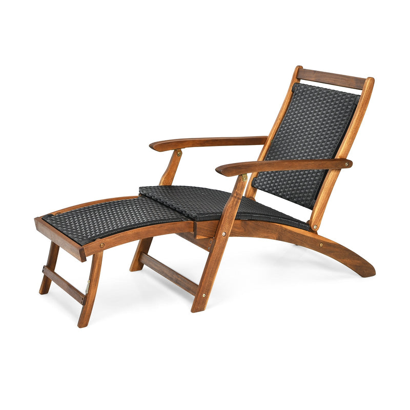 Patio Rattan Folding Lounge Chair with Acacia Wooden Frame Retractable Footrest - Relaxacare