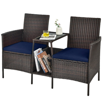 Patio Rattan Wicker Conversation Set Sofa Cushioned Loveseat Glass Table-Navy - Relaxacare