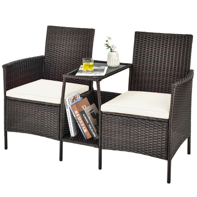 Patio Rattan Wicker Conversation Set Sofa Cushioned Loveseat Glass Table-Off White - Relaxacare