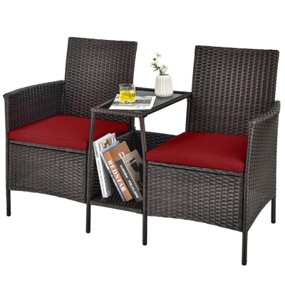 Patio Rattan Wicker Conversation Set Sofa Cushioned Loveseat Glass Table-Red - Relaxacare