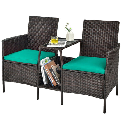 Patio Rattan Wicker Conversation Set Sofa Cushioned Loveseat Glass Table-Turquoise - Relaxacare