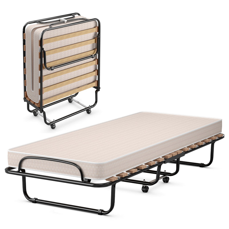 Portable Folding Bed with Memory Foam Mattress and Sturdy Metal Frame Made in Italy-Beige - Relaxacare