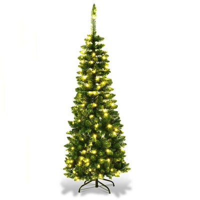 Pre-Lit Premium Hinged Artificial Fir Pencil Christmas Tree with LED Lights - Relaxacare
