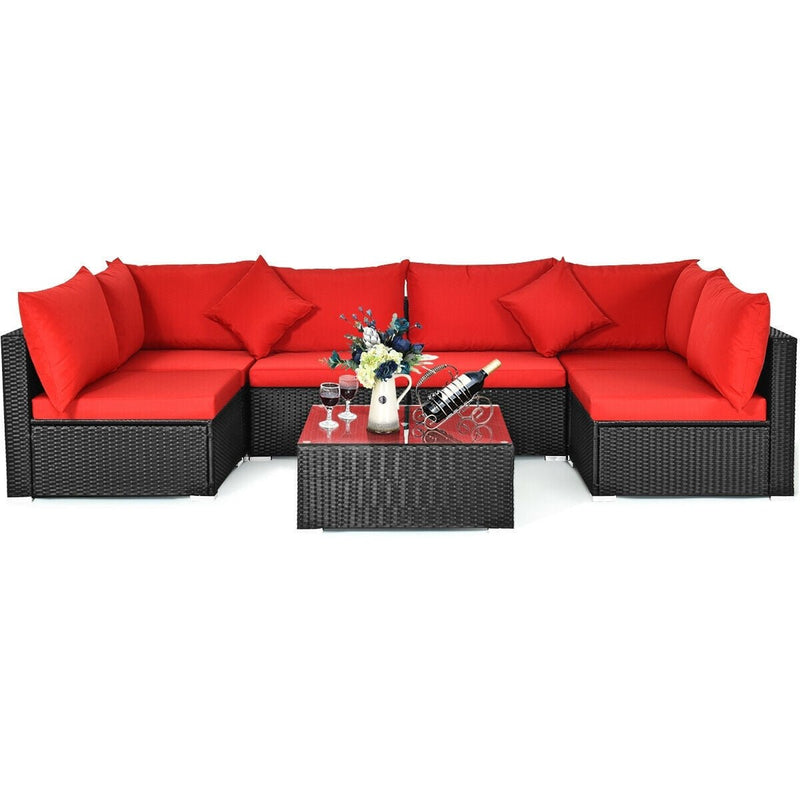 Premium 7 Pieces Sectional Wicker Furniture Sofa Set with Tempered Glass Top-Red - Relaxacare