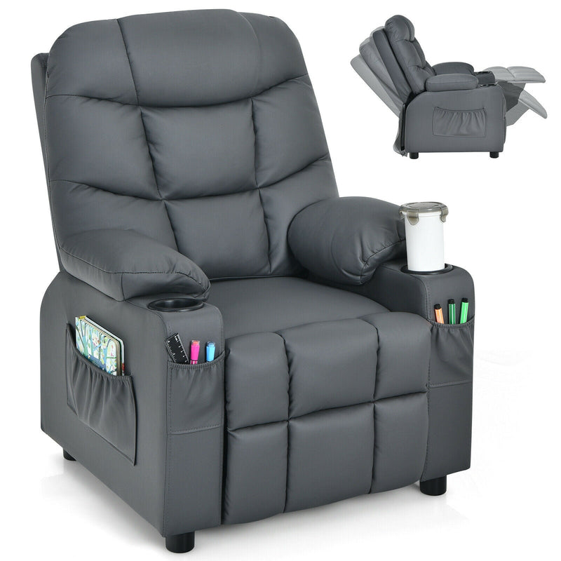 PU Leather Kids Recliner Chair with Cup Holders and Side Pockets-Gray - Relaxacare
