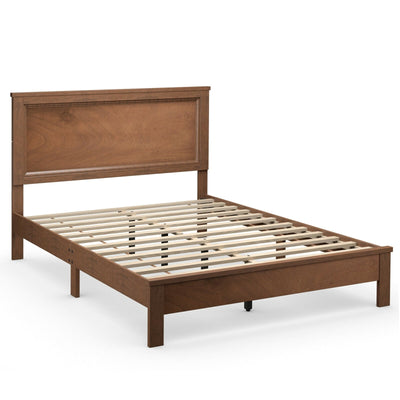 Queen Size Bed Frame Platform Slat High Headboard Bedroom with Rubber Wood Leg-Walnut - Relaxacare