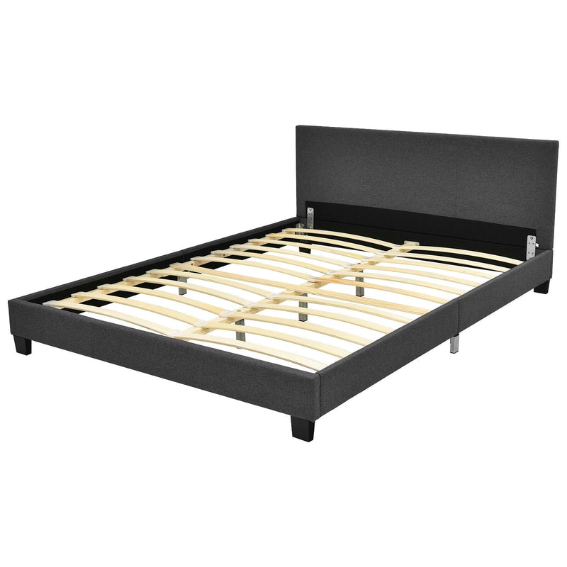 Queen Upholstered Platform Bed Frame with Linen Headboard Wood Slat - Relaxacare