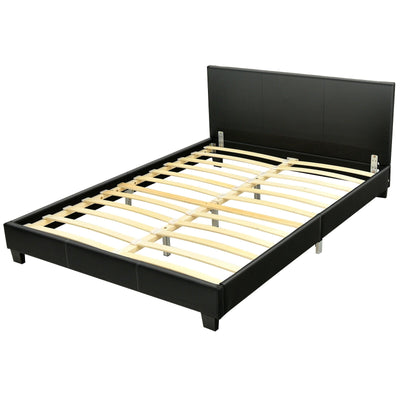 Queen Upholstered Platform Bed Frame with Linen Headboard Wood Slat-Black - Relaxacare