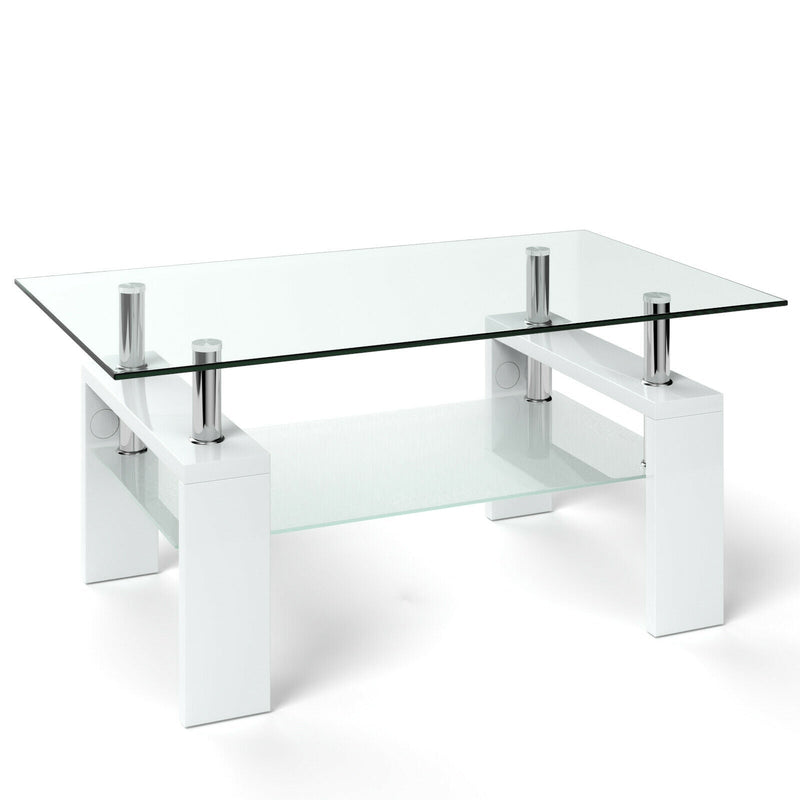 Rectangular Tempered Glass Coffee Table End Side Table with Shelf - Relaxacare
