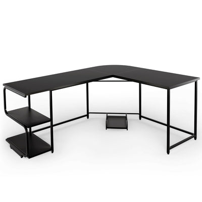 Reversible L-Shaped Computer Study Table with Shelves-Black - Relaxacare