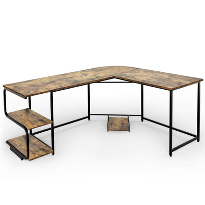 Reversible L-Shaped Computer Study Table with Shelves-Rustic Brown - Relaxacare