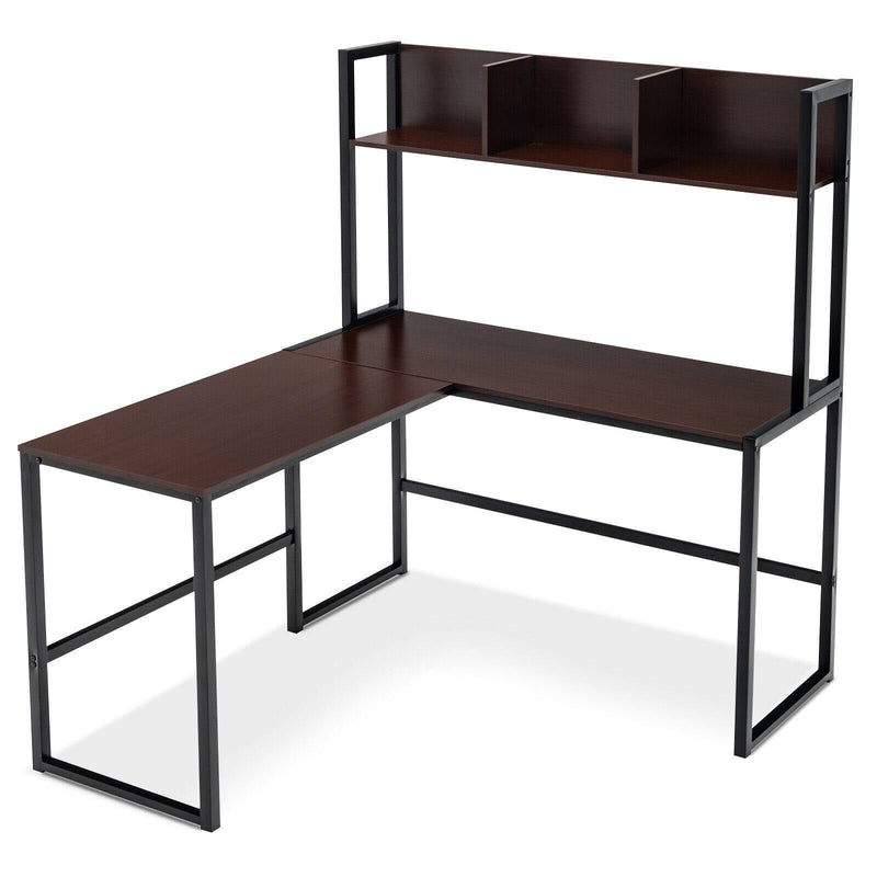 Reversible L-Shaped Corner Desk with Storage Bookshelf-Dark Brown - Relaxacare