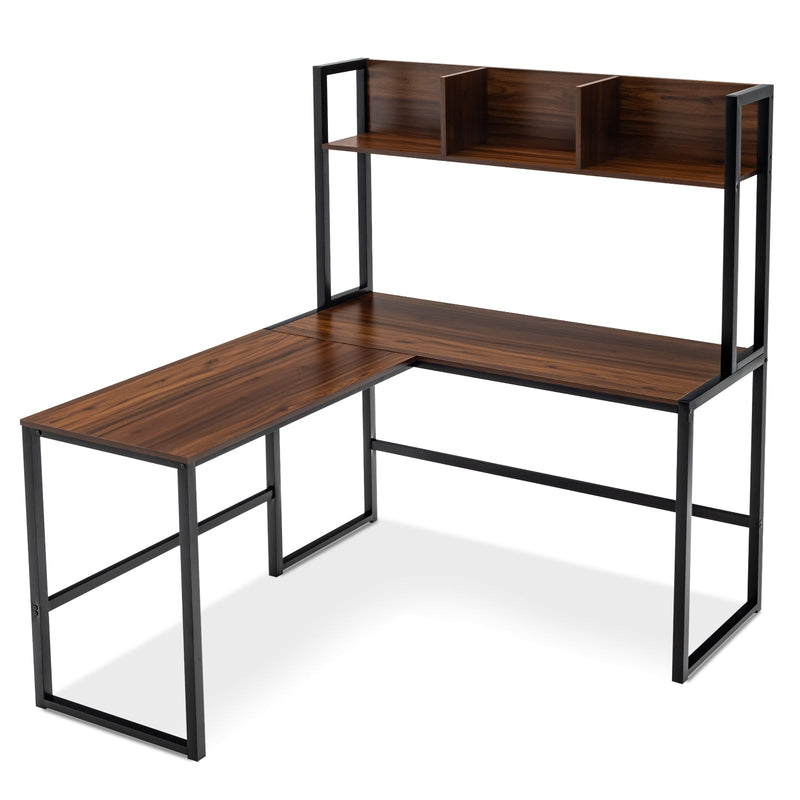 Reversible L-Shaped Corner Desk with Storage Bookshelf-Walnut - Relaxacare