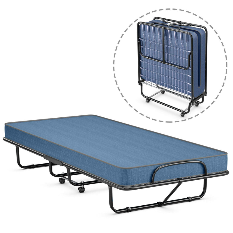 Rollaway Guest Bed with Sturdy Steel Frame and Memory Foam Mattress Made in Italy-Navy - Relaxacare
