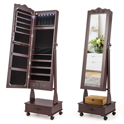 Rolling Floor Standing Mirrored Jewelry Armoire with Lock and Drawers - Relaxacare