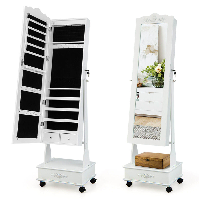 Rolling Floor Standing Mirrored Jewelry Armoire with Lock and Drawers-White - Relaxacare