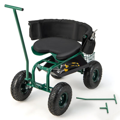 Rolling Garden Cart with Height Adjustable Swivel Seat and Storage Basket - Relaxacare
