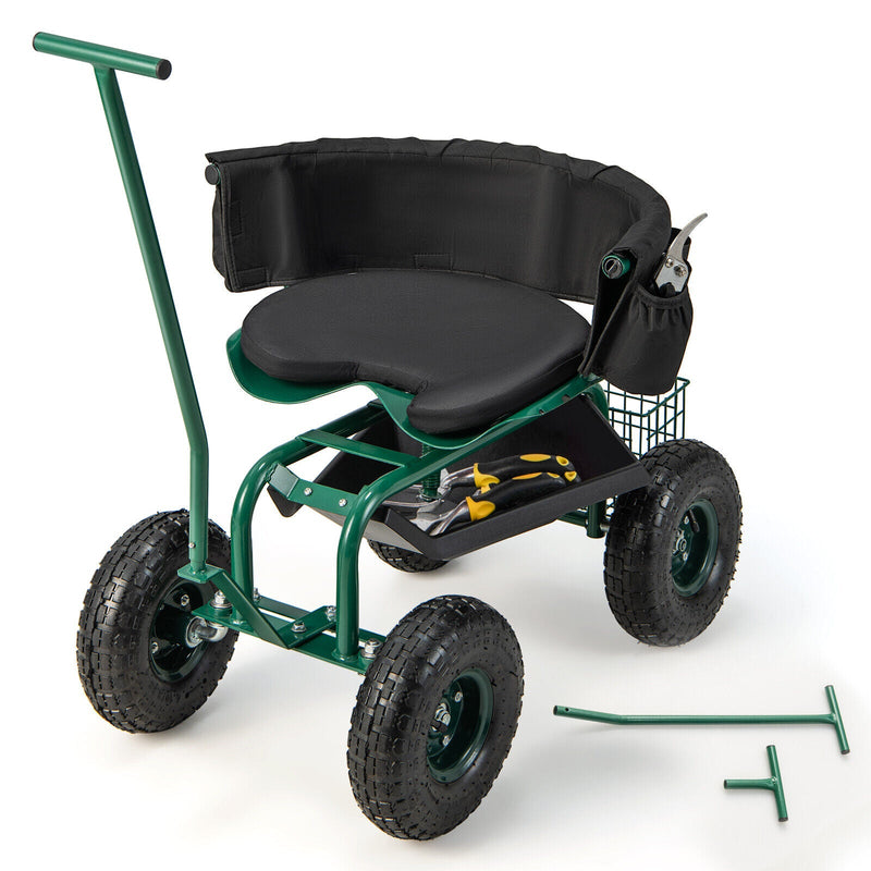 Rolling Garden Cart with Height Adjustable Swivel Seat and Storage Basket - Relaxacare