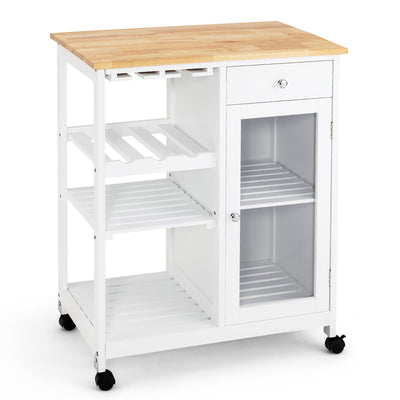 Rolling Kitchen Island Wood Top Trolley Cart Storage Cabinet with Shelf and Wine Rack - Relaxacare