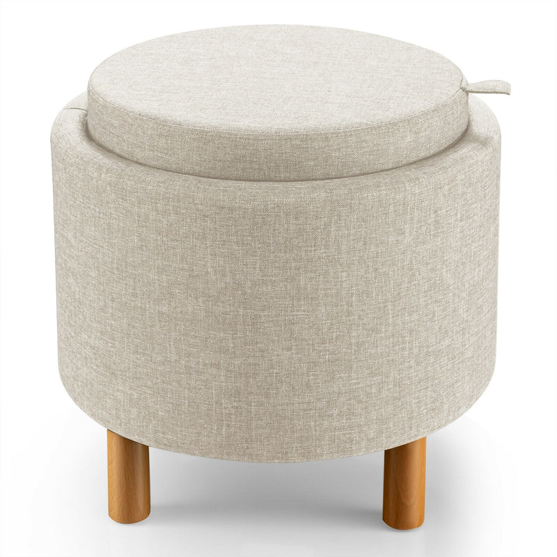 Round Fabric Storage Ottoman with Tray and Non-Slip Pads for Bedroom - Relaxacare