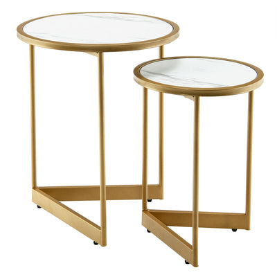 Round Nesting Table Set of 2 with Marble-like Tabletop-White - Relaxacare