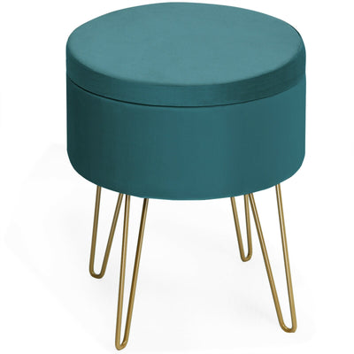 Round Velvet Storage Ottoman Footrest Stool Vanity Chair with Metal Legs-Dark Green - Relaxacare