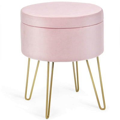 Round Velvet Storage Ottoman Footrest Stool Vanity Chair with Metal Legs-Pink - Relaxacare