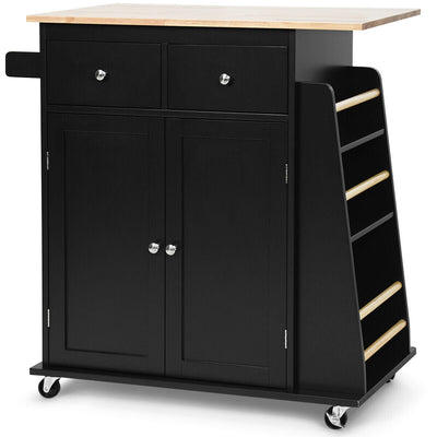 Rubber Wood Countertop Rolling Kitchen Island Cart-Black - Relaxacare