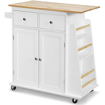 Rubber Wood Countertop Rolling Kitchen Island Cart-White - Relaxacare