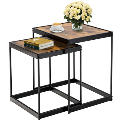 Set of 2 Modern Nesting Tables with Sturdy Steel Frame for Living Room-Rustic Brown - Relaxacare