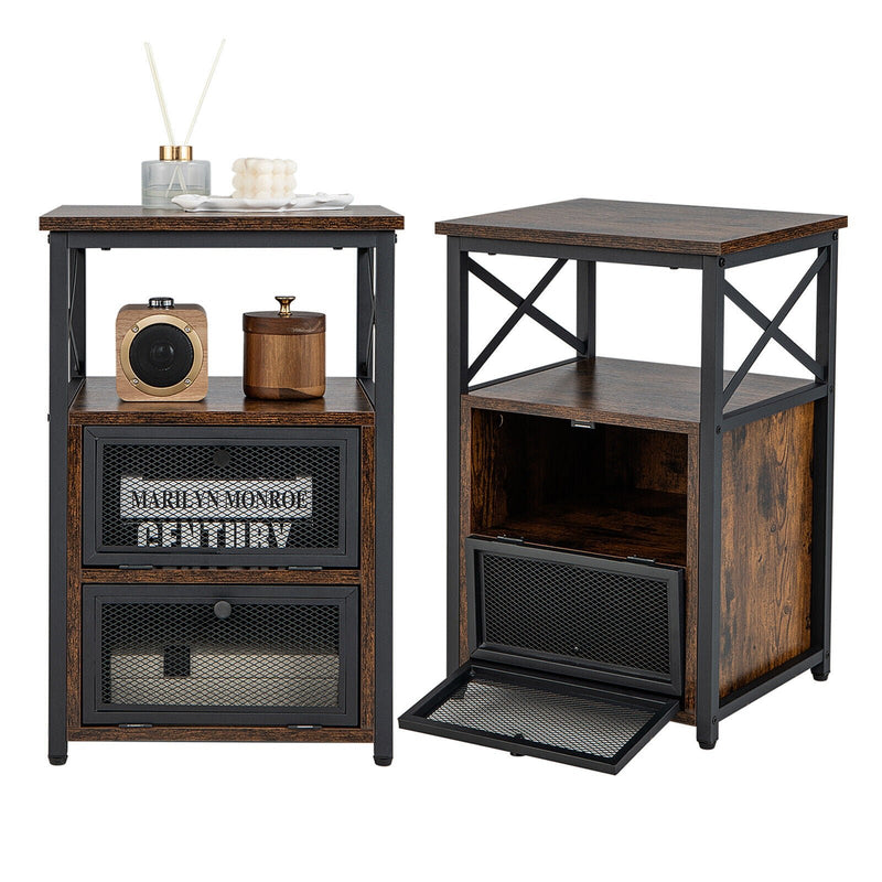 Set of 2 Modern Nightstand with 2 Flip Drawers and Open Shelf - Relaxacare