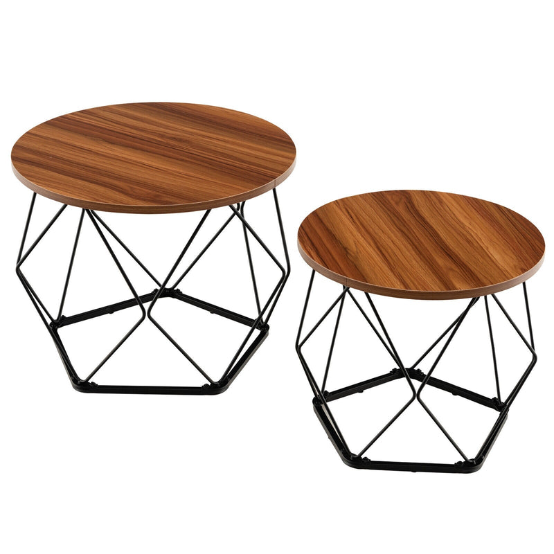 Set of 2 Modern Round Coffee Table with Pentagonal Steel Base - Relaxacare