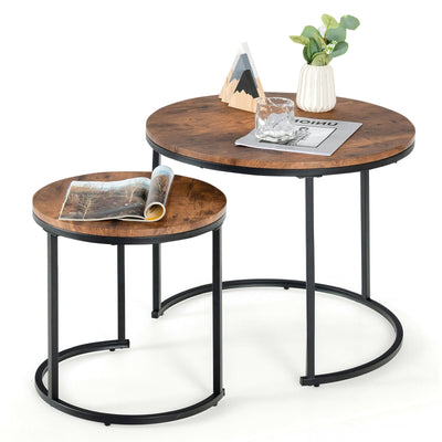 Set of 2 Modern Round Stacking Nesting Coffee Tables for Living Room-Rustic Brown - Relaxacare