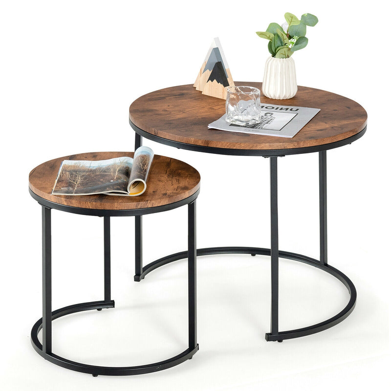 Set of 2 Modern Round Stacking Nesting Coffee Tables for Living Room-Rustic Brown - Relaxacare