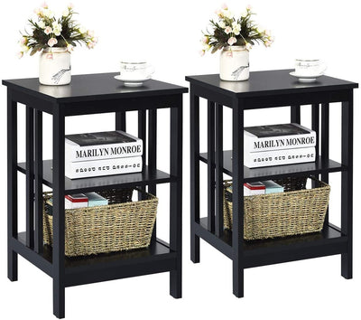 Set of 2 Multifunctional 3-Tier Nightstand Sofa Side Table with Reinforced Bars and Stable Structure -Black - Relaxacare