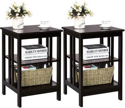 Set of 2 Multifunctional 3-Tier Nightstand Sofa Side Table with Reinforced Bars and Stable Structure -Espresso - Relaxacare