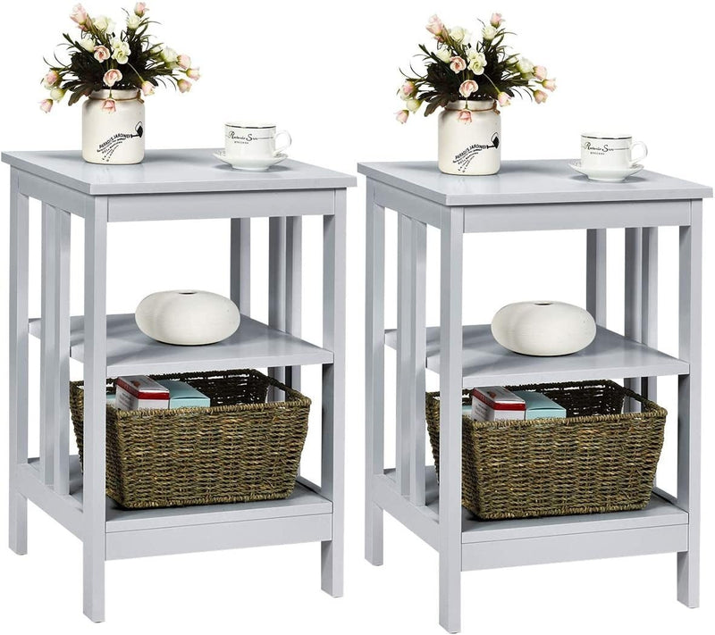 Set of 2 Multifunctional 3-Tier Nightstand Sofa Side Table with Reinforced Bars and Stable Structure -Gray - Relaxacare
