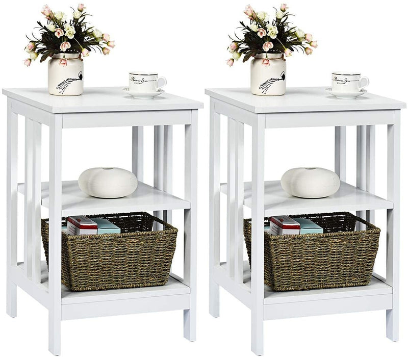 Set of 2 Multifunctional 3-Tier Nightstand Sofa Side Table with Reinforced Bars and Stable Structure -White - Relaxacare