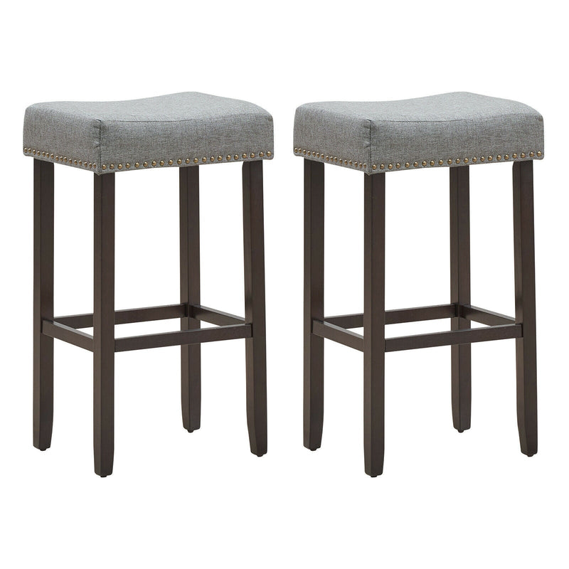Set of 2 Nailhead Saddle Bar Stools 29 Inch Height-Gray - Relaxacare