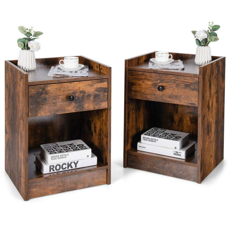 Set of 2 Nightstand with Drawer Cabinet End Side Table Raised Top - Relaxacare