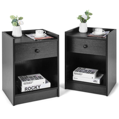 Set of 2 Nightstand with Drawer Cabinet End Side Table Raised Top-Black - Relaxacare