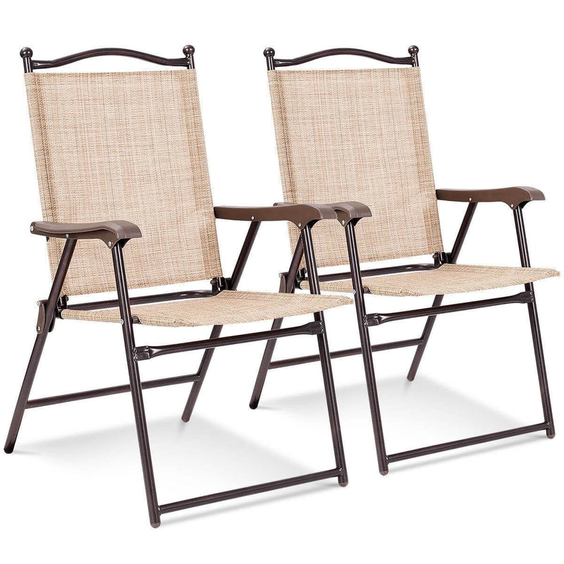 Set of 2 Patio Folding Sling Back Camping Deck Chairs-Beige - Relaxacare