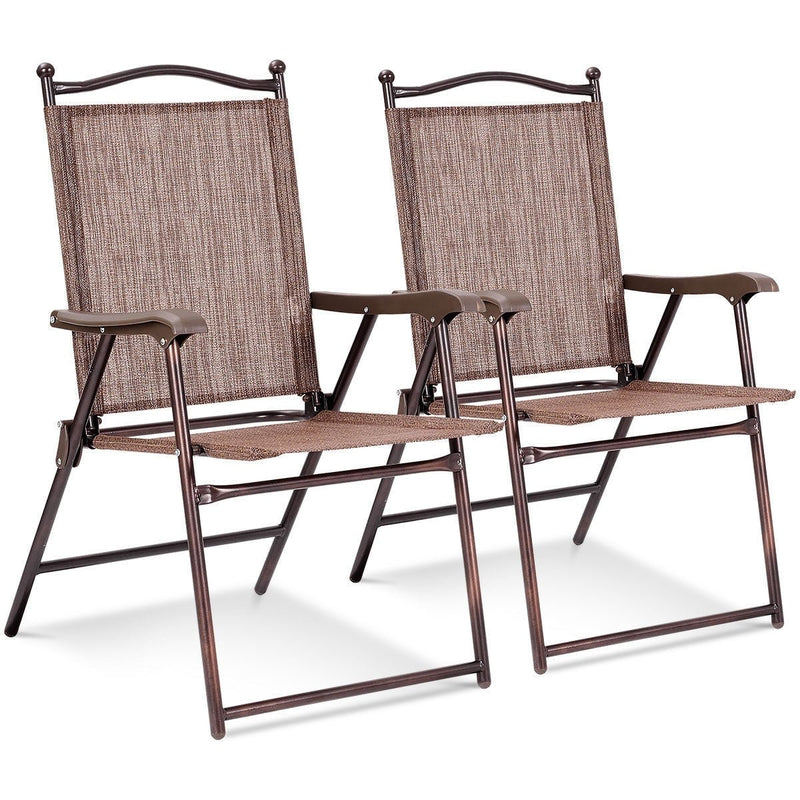 Set of 2 Patio Folding Sling Back Camping Deck Chairs-Coffee - Relaxacare