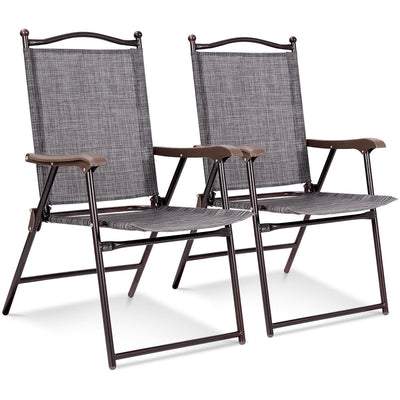 Set of 2 Patio Folding Sling Back Camping Deck Chairs-Gray - Relaxacare