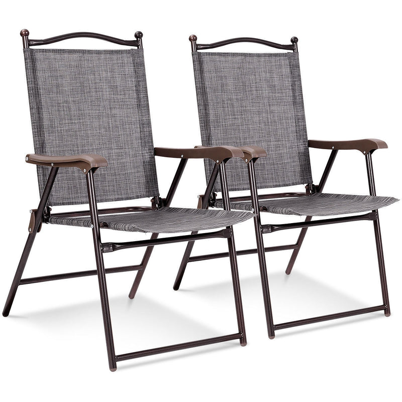 Set of 2 Patio Folding Sling Back Camping Deck Chairs-Gray - Relaxacare