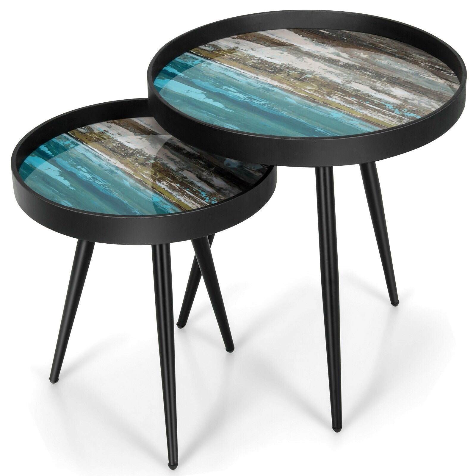 Set of 2 Stylish Nesting End Tables with Wooden Tray Top and Steel Leg