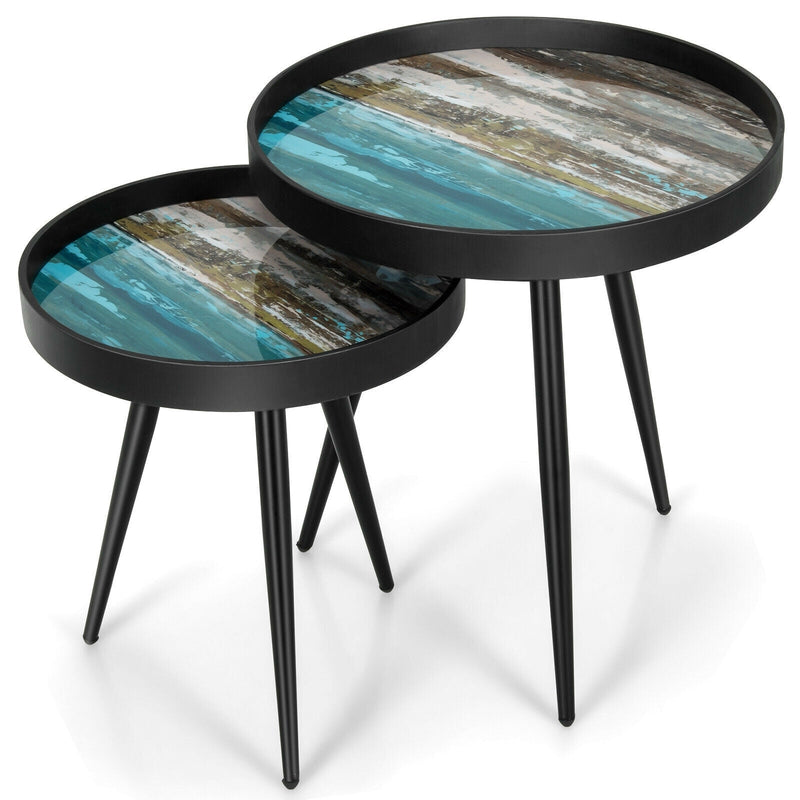 Set of 2 Stylish Nesting End Tables with Wooden Tray Top and Steel Legs-Black - Relaxacare